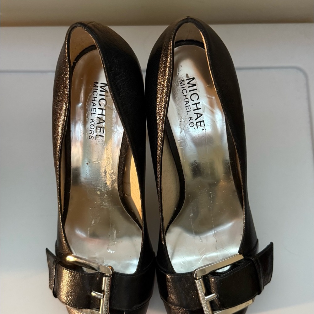 Michael Kors Black Peep Toe Heels with Gold Buckle